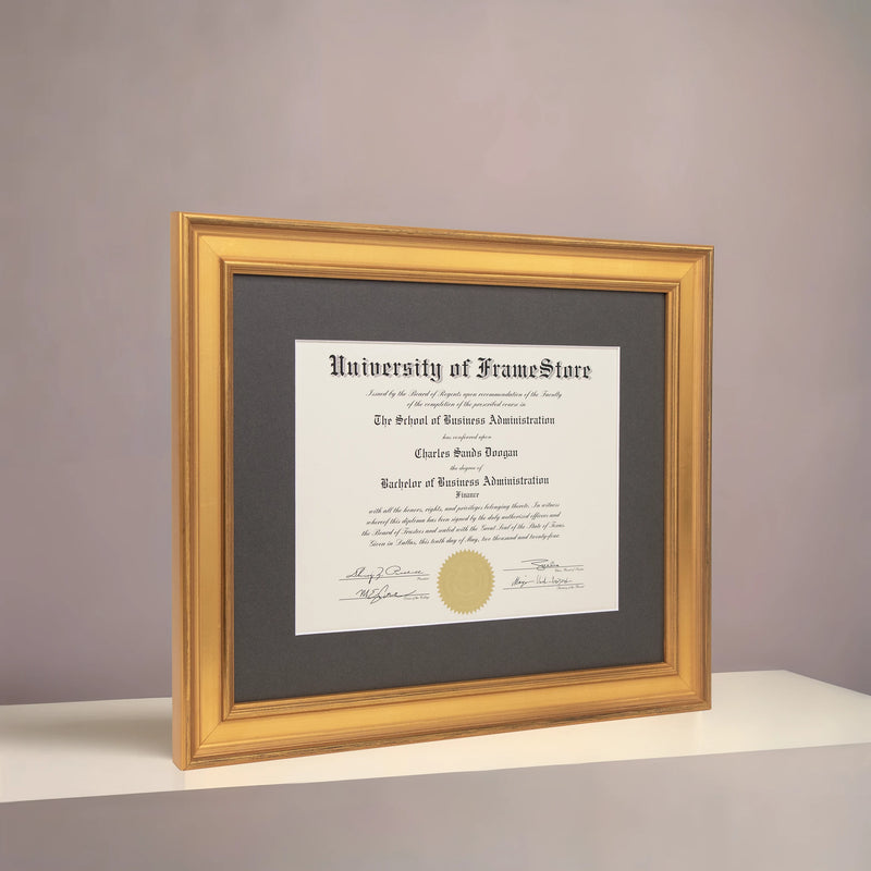 Genuine Gold Leaf Diploma Frame - Gray Matboard - Angled Perspective for Depth