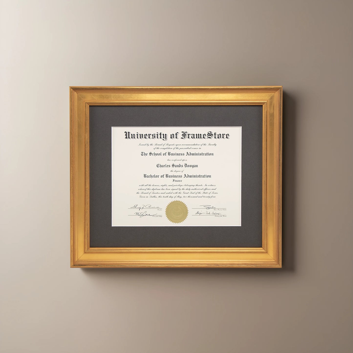 Genuine Gold Leaf Diploma Frame - Gray Matboard - Straight-On Display
