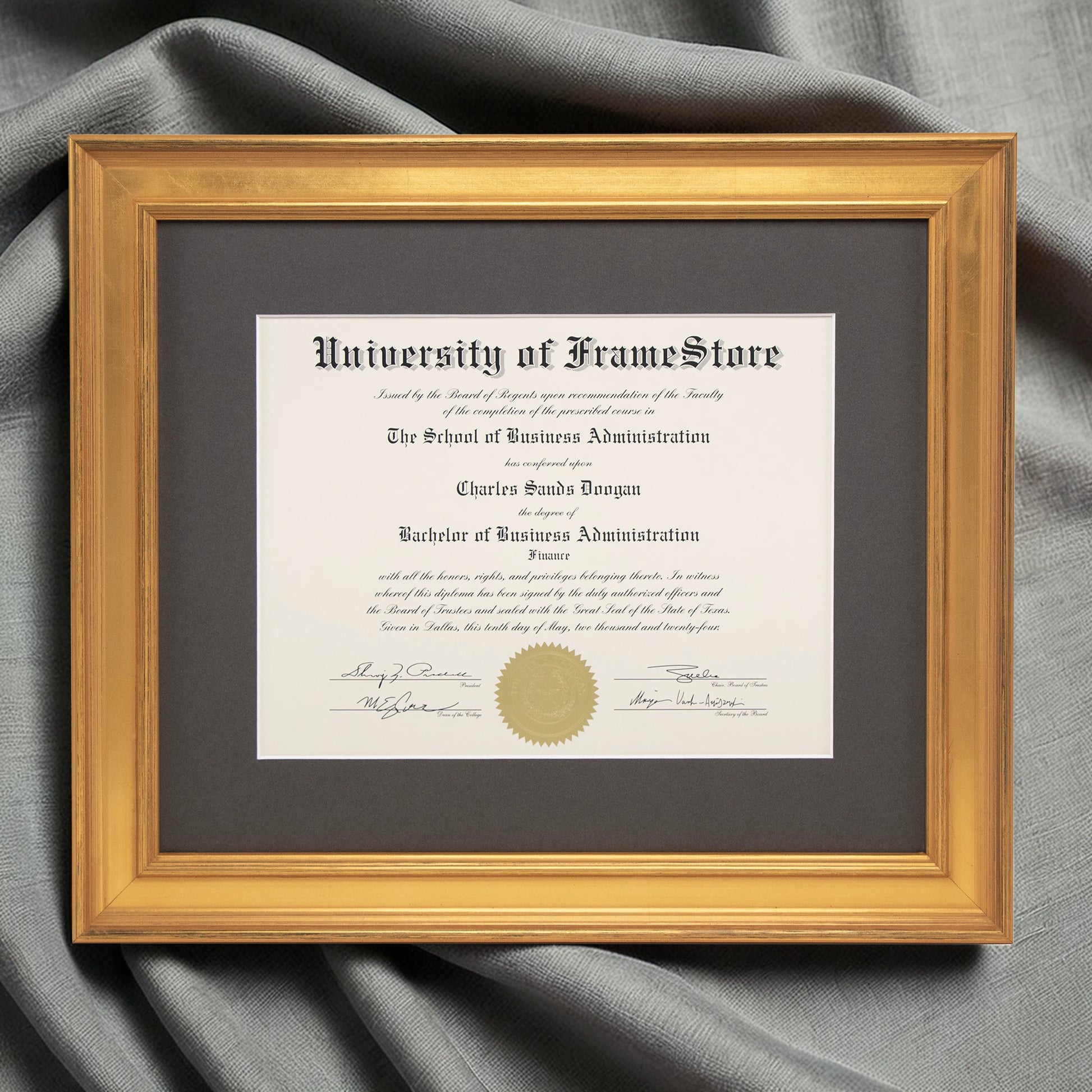 Genuine Gold Leaf Diploma Frame - Gray Matboard - Luxurious Finish Against Soft Fabric