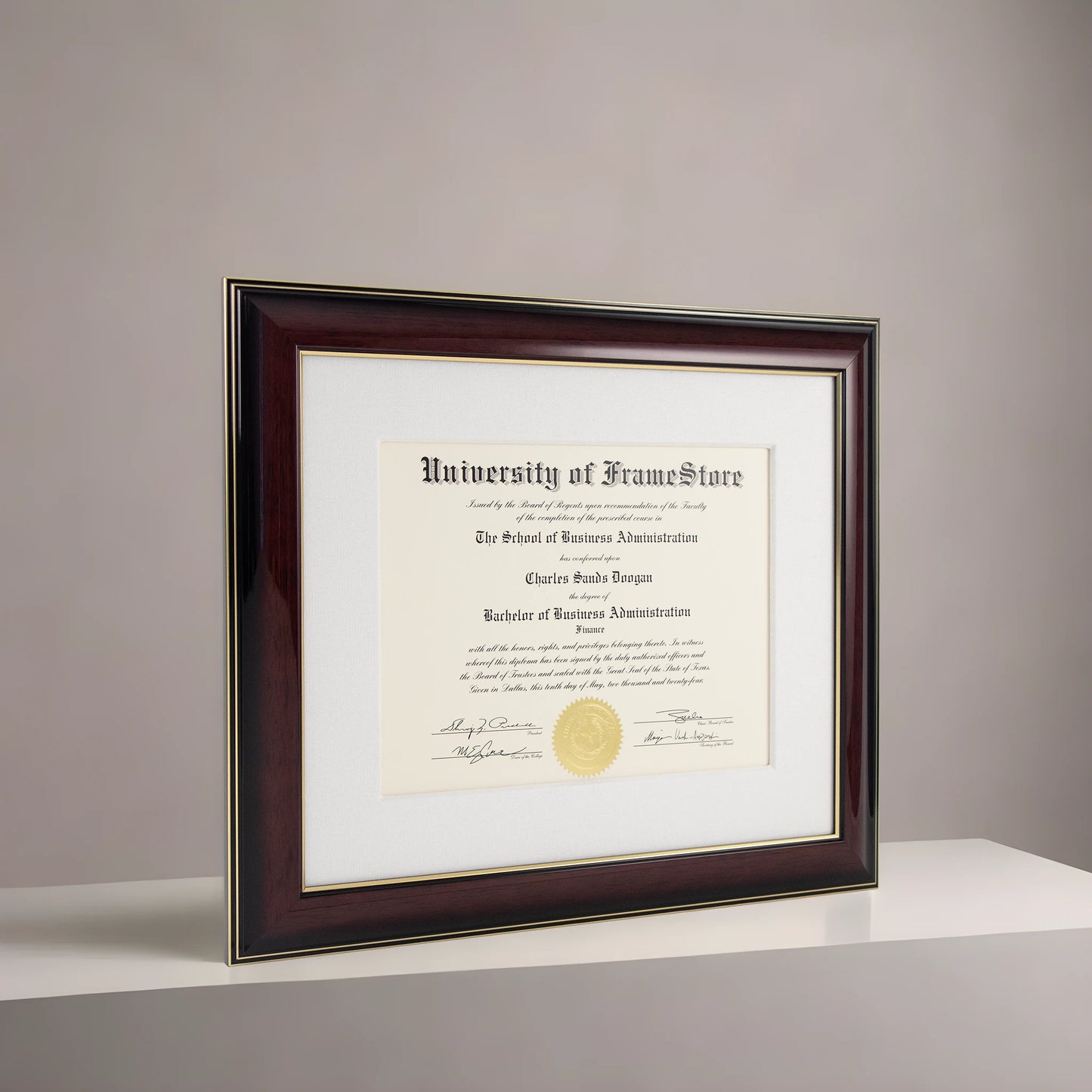 Glossy Mahogany Diploma Frame - White Cotton Matboard - Angled Perspective for Depth