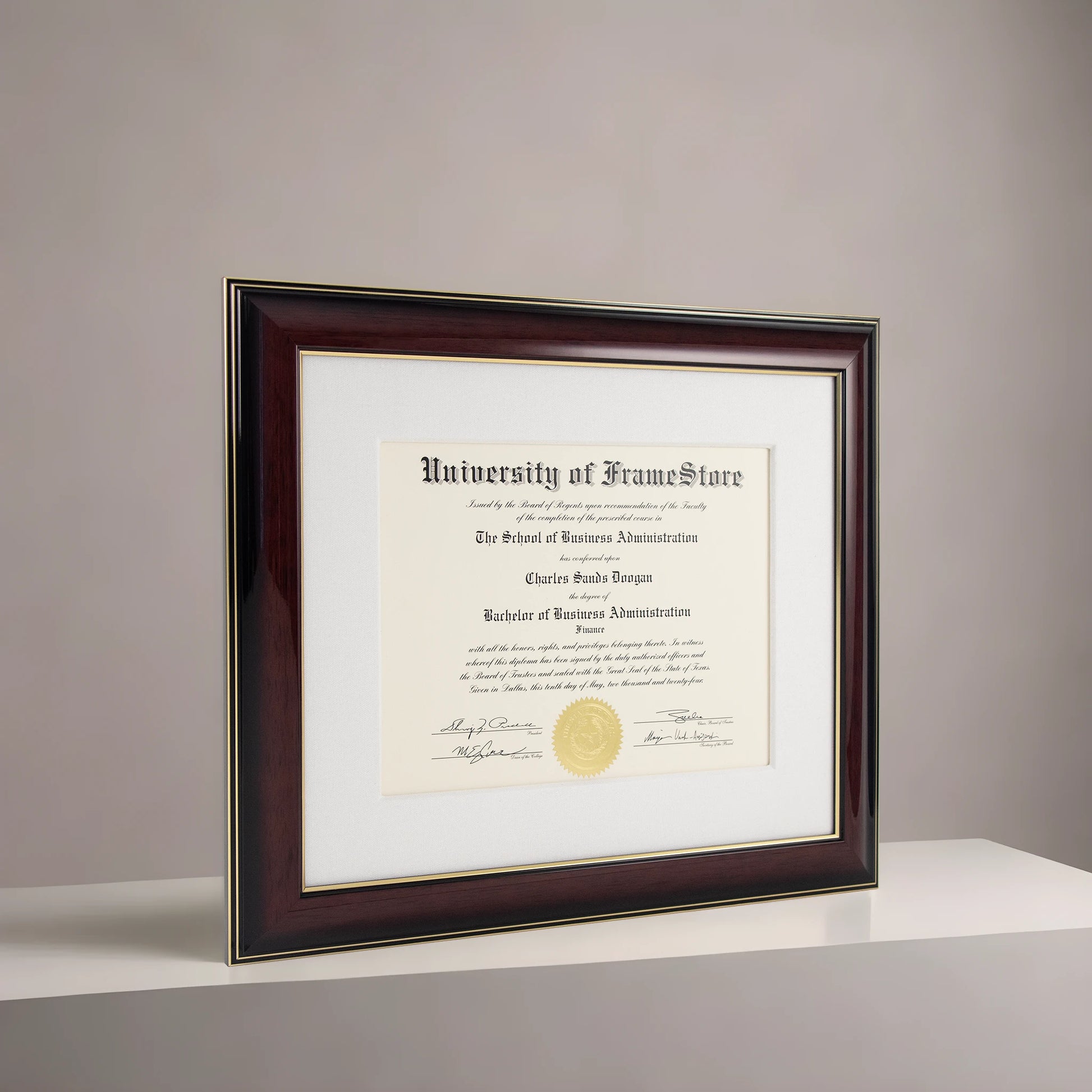 Glossy Mahogany Diploma Frame - White Cotton Matboard - Angled Perspective for Depth