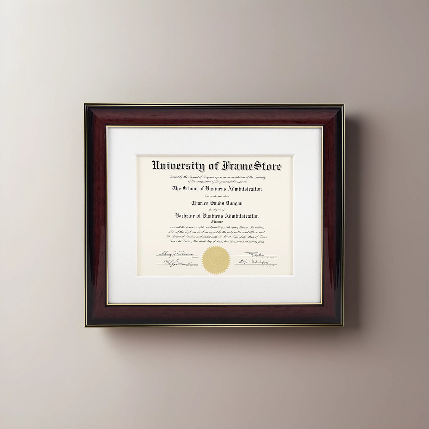 Glossy Mahogany Diploma Frame - White Cotton Matboard - Straight-On Display