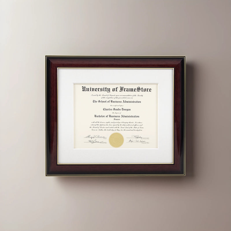 Glossy Mahogany Diploma Frame - White Cotton Matboard - Straight-On Display