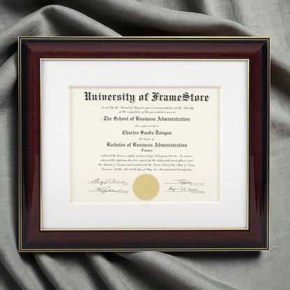 Glossy Mahogany Diploma Frame - White Cotton Matboard - Luxurious Finish Against Soft Fabric