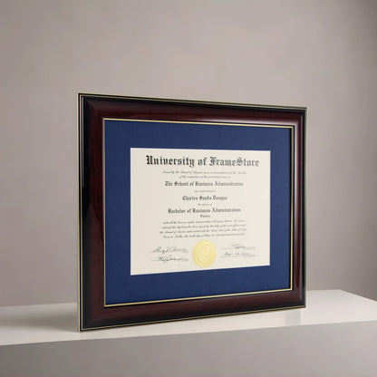 Glossy Mahogany Diploma Frame - Deep Blue Matboard - Angled Perspective for Depth