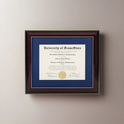 Glossy Mahogany Diploma Frame - Deep Blue Matboard - Straight-On Display