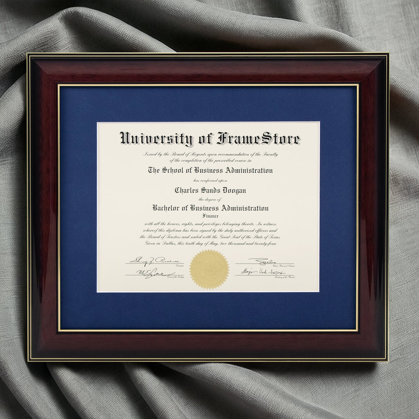 Glossy Mahogany Diploma Frame - Deep Blue Matboard - Luxurious Finish Against Soft Fabric