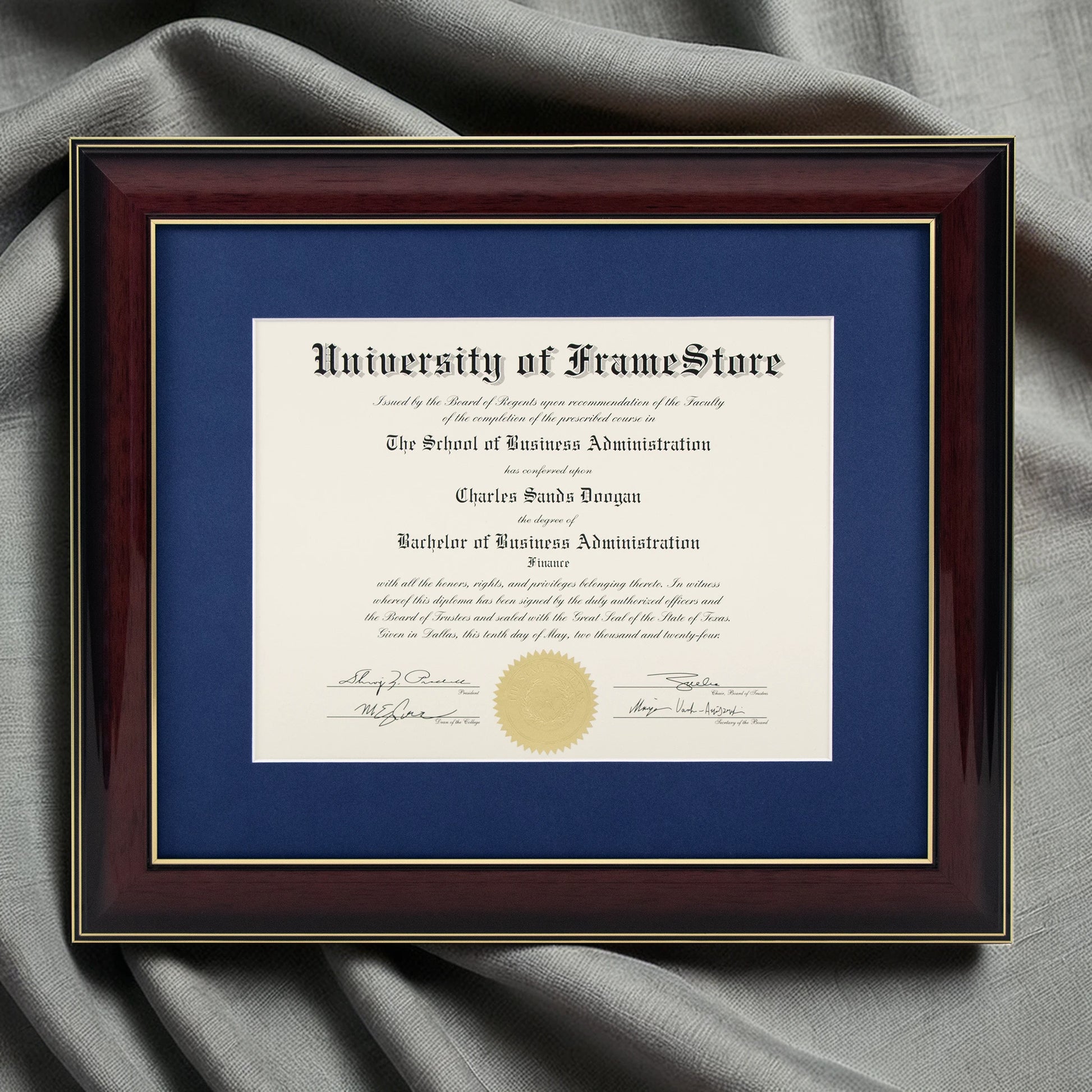Glossy Mahogany Diploma Frame - Deep Blue Matboard - Luxurious Finish Against Soft Fabric