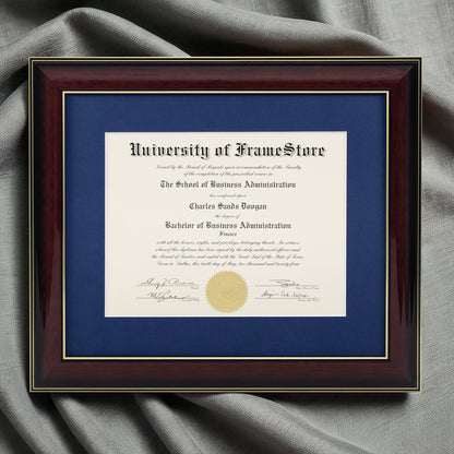 Glossy Mahogany Diploma Frame - Deep Blue Matboard - Luxurious Finish Against Soft Fabric