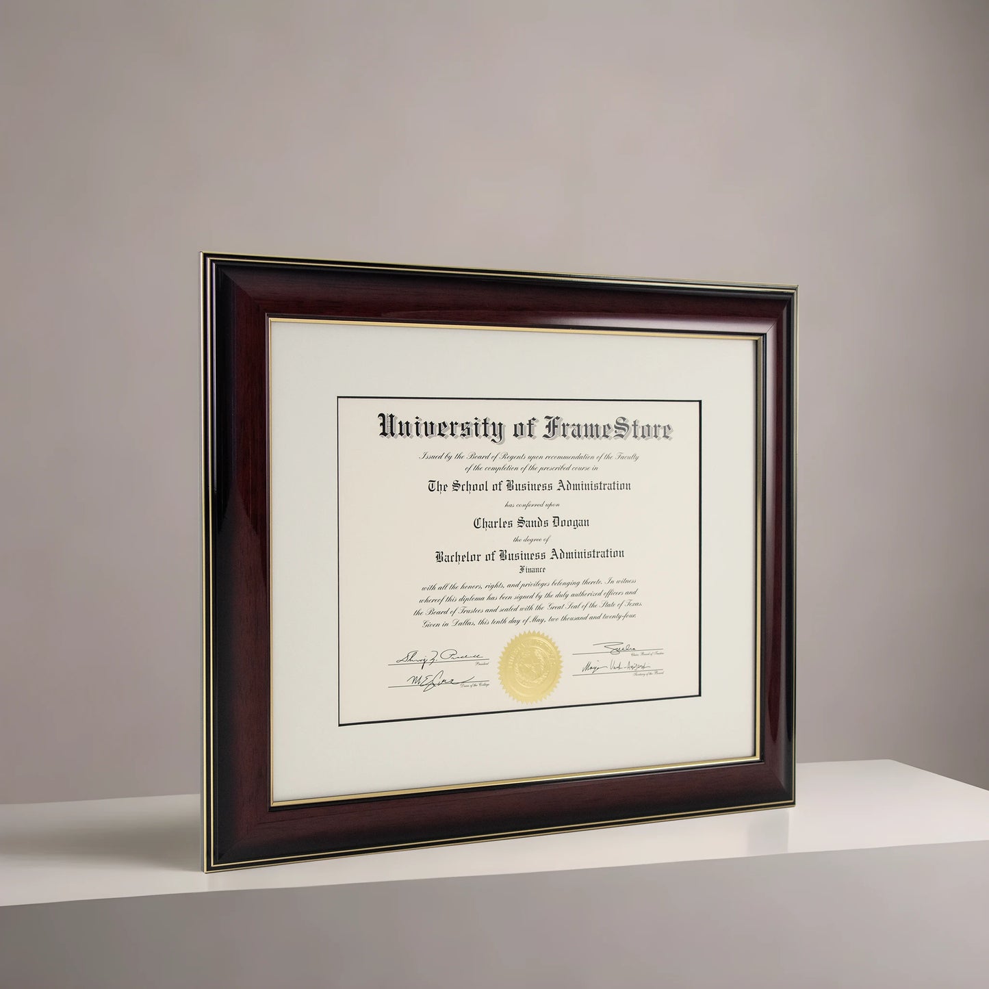 Glossy Mahogany Diploma Frame - Dove Matboard - Angled Perspective for Depth