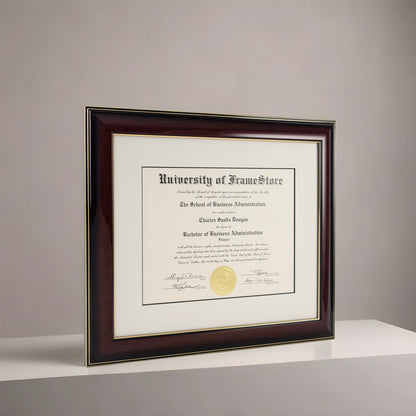 Glossy Mahogany Diploma Frame - Dove Matboard - Angled Perspective for Depth