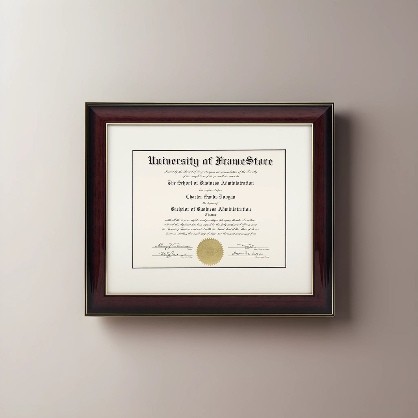 Glossy Mahogany Diploma Frame - Dove Matboard - Straight-On Display