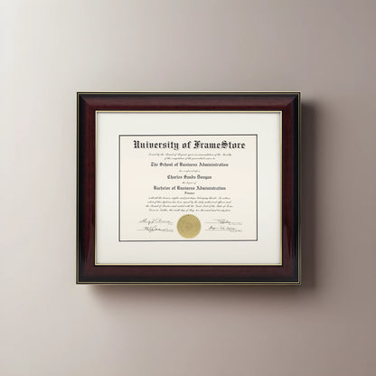 Glossy Mahogany Diploma Frame - Dove Matboard - Straight-On Display