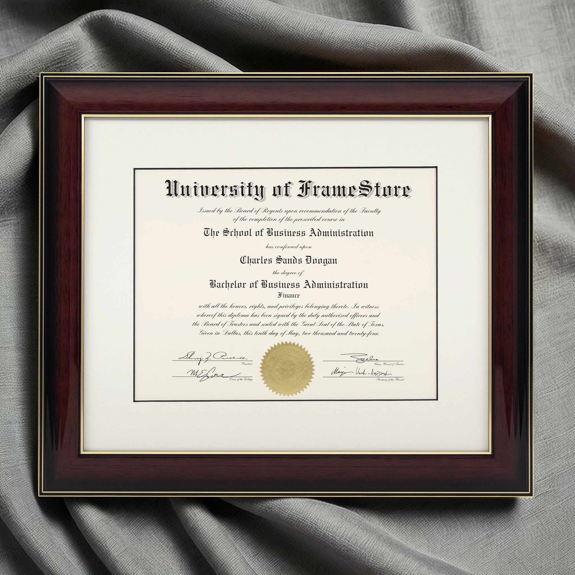 Glossy Mahogany Diploma Frame - Dove Matboard - Luxurious Finish Against Soft Fabric