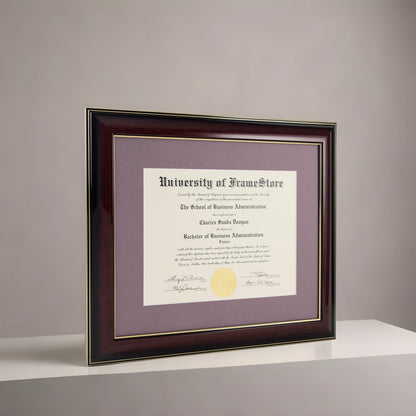 Glossy Mahogany Diploma Frame - Lillac Matboard - Angled Perspective for Depth