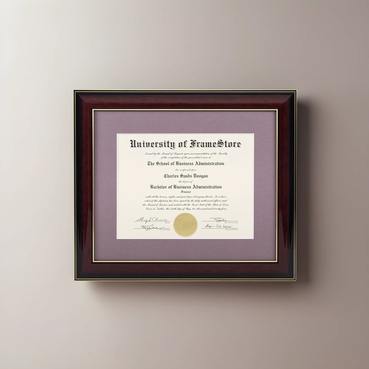 Glossy Mahogany Diploma Frame - Lillac Matboard - Straight-On Display