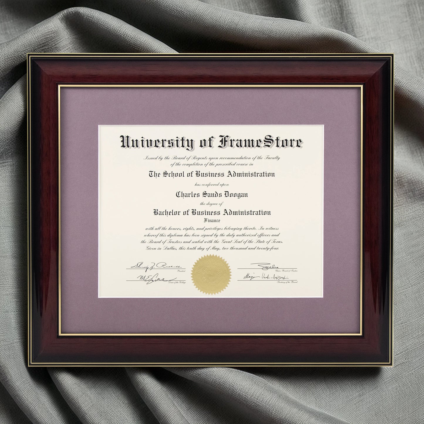 Glossy Mahogany Diploma Frame - Lillac Matboard - Luxurious Finish Against Soft Fabric
