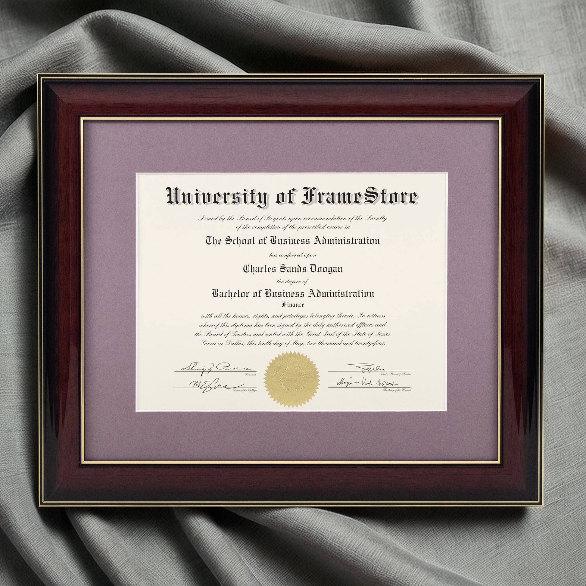 Glossy Mahogany Diploma Frame - Lillac Matboard - Luxurious Finish Against Soft Fabric