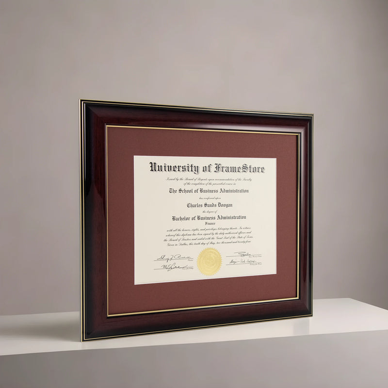 Glossy Mahogany Diploma Frame - Deep Red Matboard - Angled Perspective for Depth