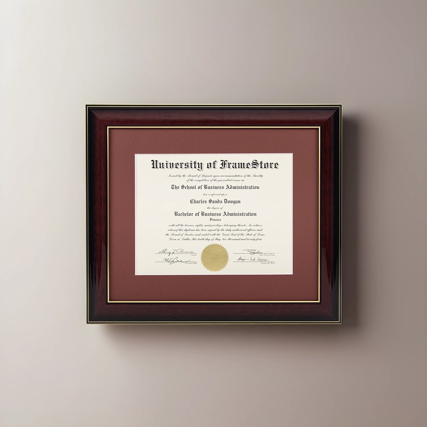 Glossy Mahogany Diploma Frame - Deep Red Matboard - Straight-On Display