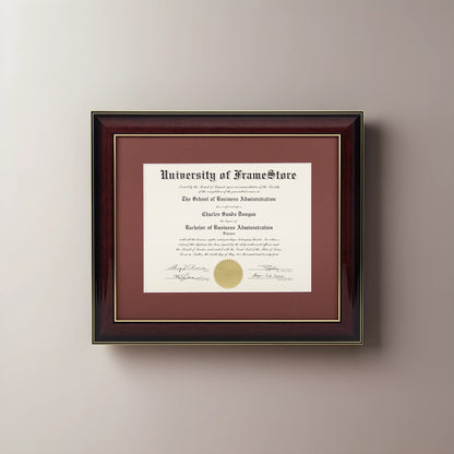 Glossy Mahogany Diploma Frame - Deep Red Matboard - Straight-On Display