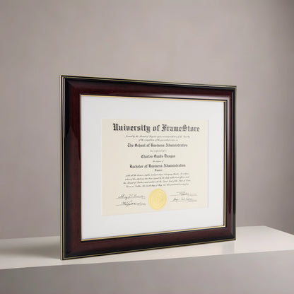 Glossy Mahogany Diploma Frame - White Matboard - Angled Perspective for Depth