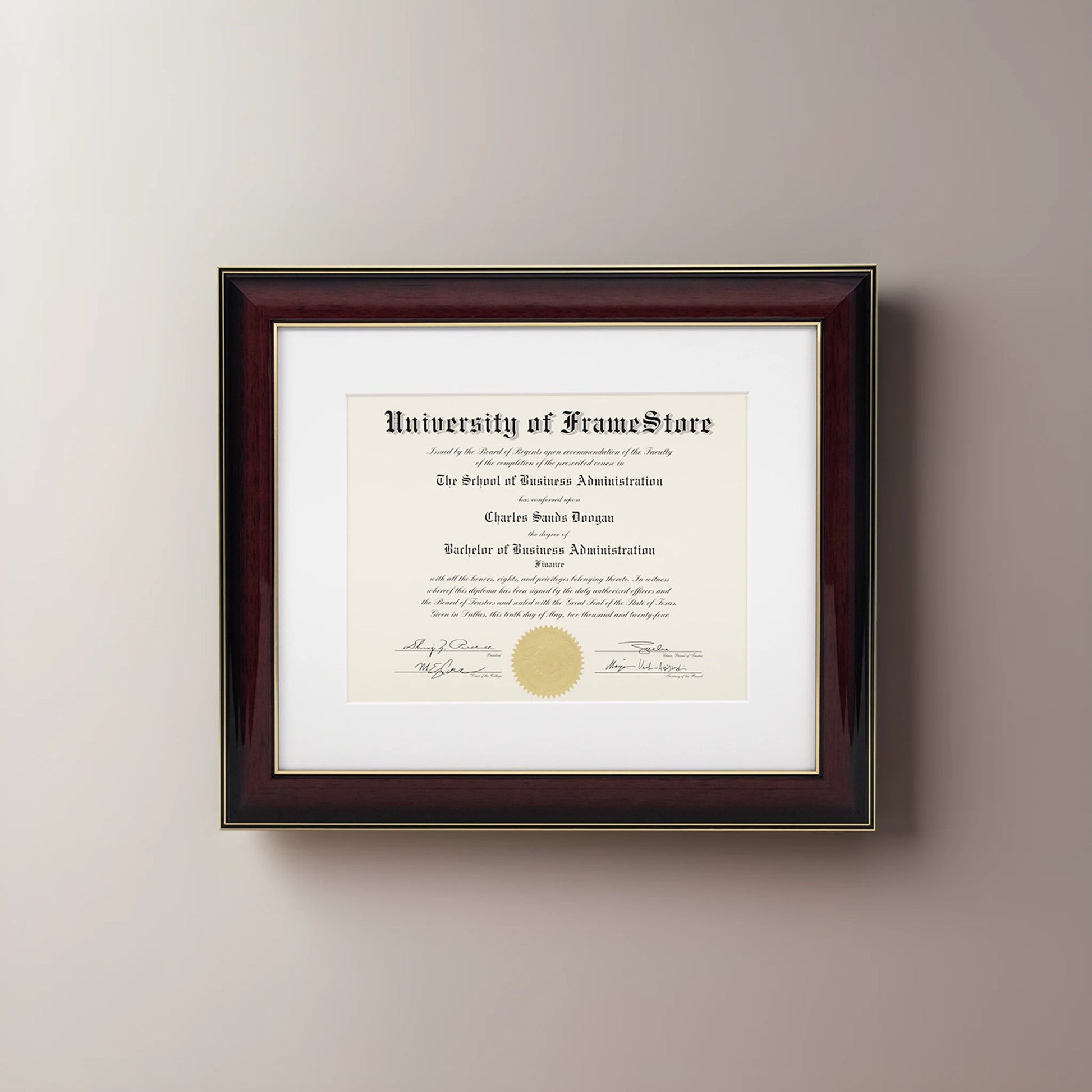 Glossy Mahogany Diploma Frame - White Matboard - Straight-On Display