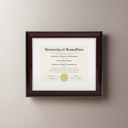 Glossy Mahogany Diploma Frame - White Matboard - Straight-On Display