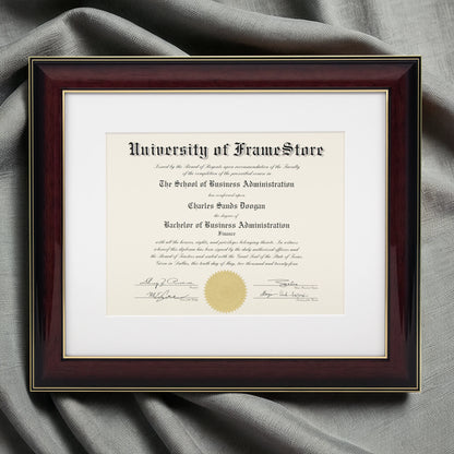 Glossy Mahogany Diploma Frame - White Matboard - Luxurious Finish Against Soft Fabric