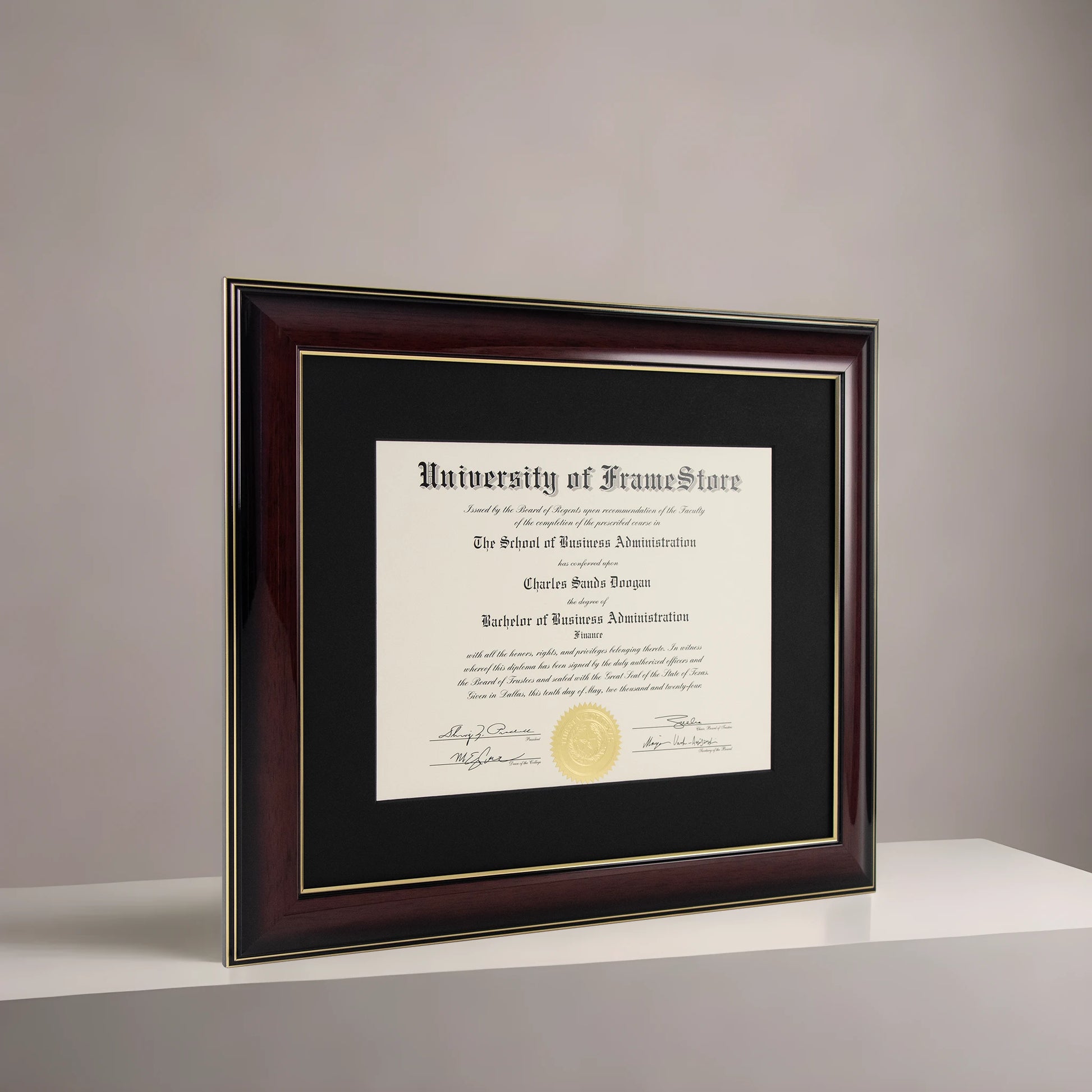 Glossy Mahogany Diploma Frame - Black Matboard - Angled Perspective for Depth