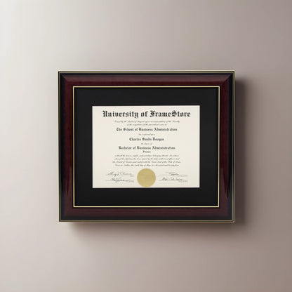 Glossy Mahogany Diploma Frame - Black Matboard - Straight-On Display