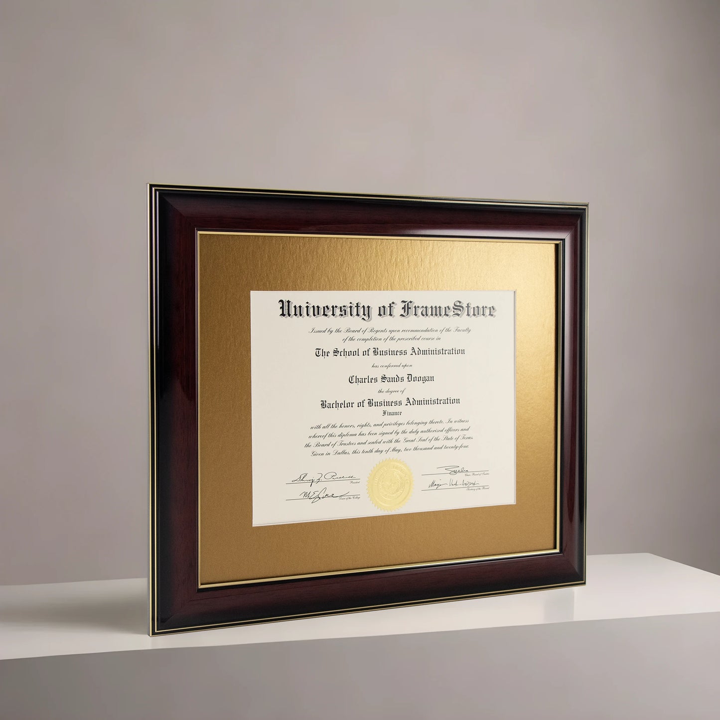 Glossy Mahogany Diploma Frame - Gold Matboard - Angled Perspective for Depth