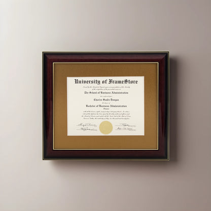 Glossy Mahogany Diploma Frame - Gold Matboard - Straight-On Display