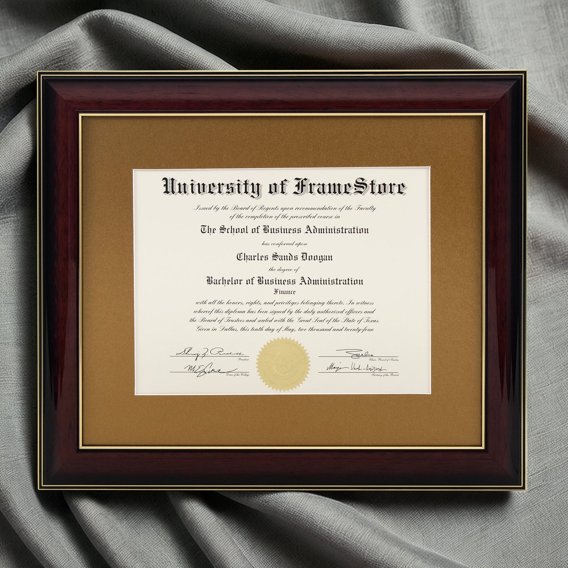Glossy Mahogany Diploma Frame - Gold Matboard - Luxurious Finish Against Soft Fabric