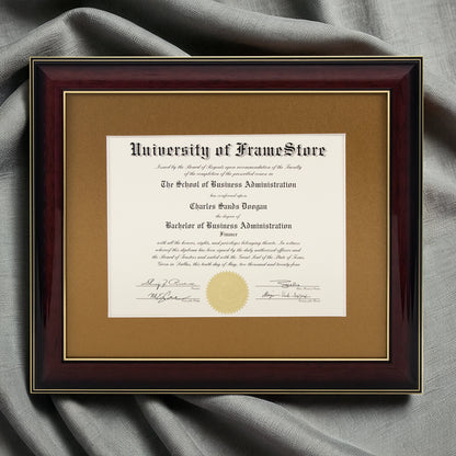 Glossy Mahogany Diploma Frame - Gold Matboard - Luxurious Finish Against Soft Fabric