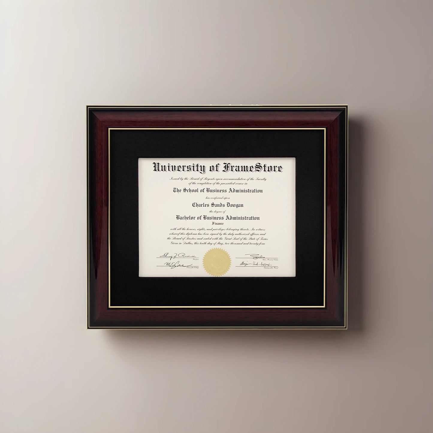 Glossy Mahogany Diploma Frame - Black Cotton Matboard - Straight-On Display
