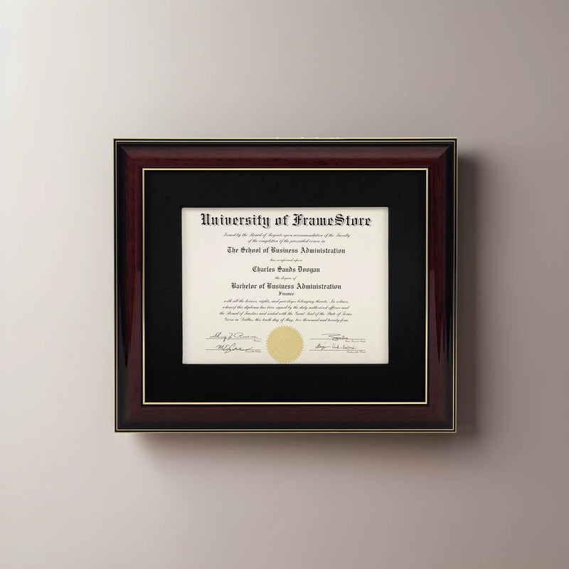 Glossy Mahogany Diploma Frame - Black Cotton Matboard - Straight-On Display