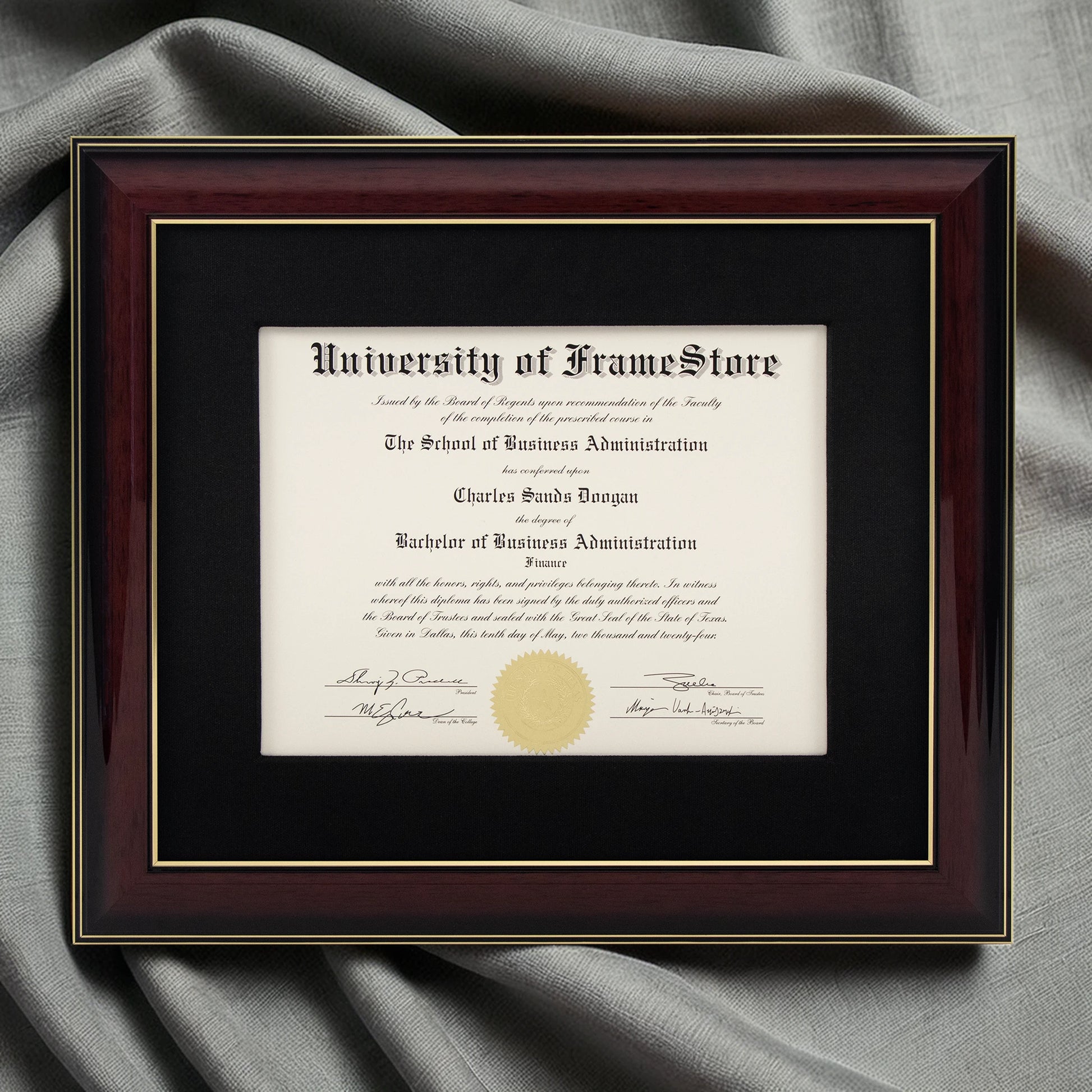 Glossy Mahogany Diploma Frame - Black Cotton Matboard - Luxurious Finish Against Soft Fabric