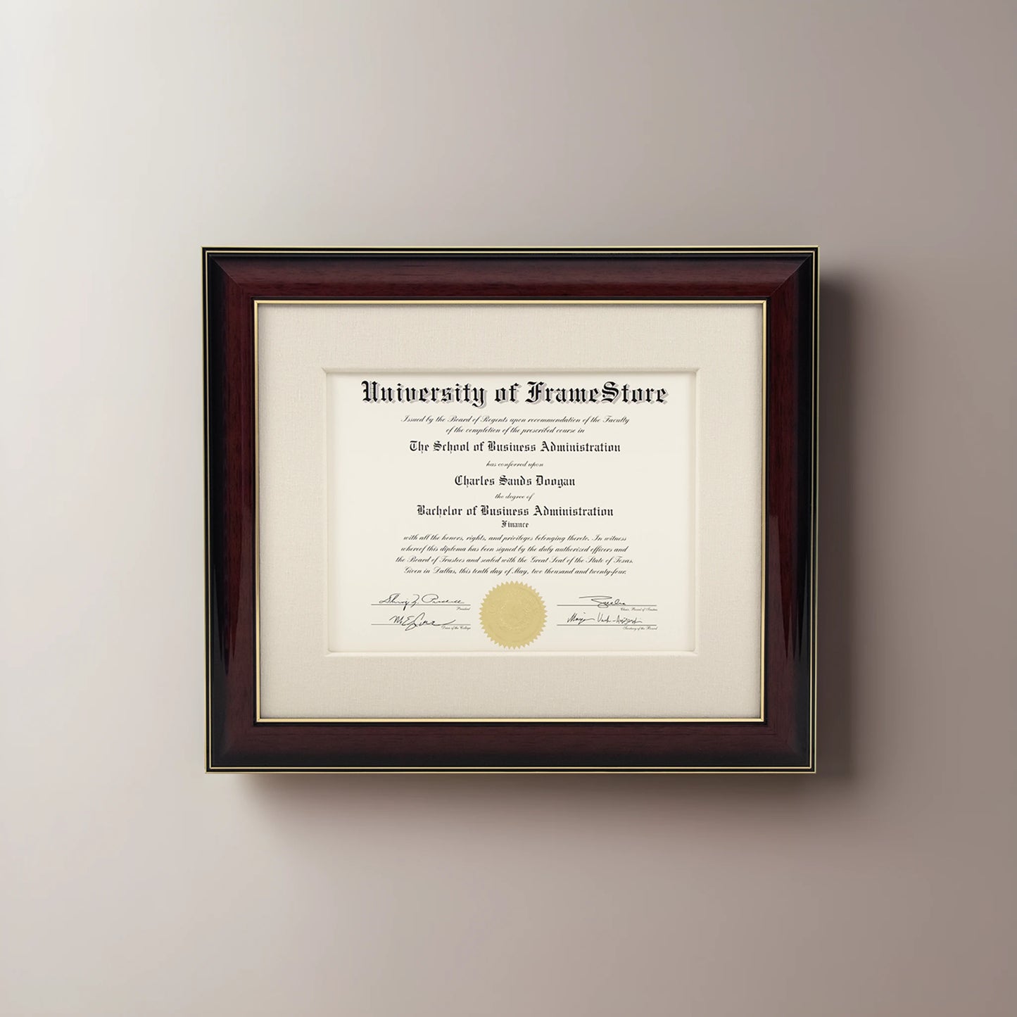 Glossy Mahogany Diploma Frame - Off-White Cotton Matboard - Straight-On Display