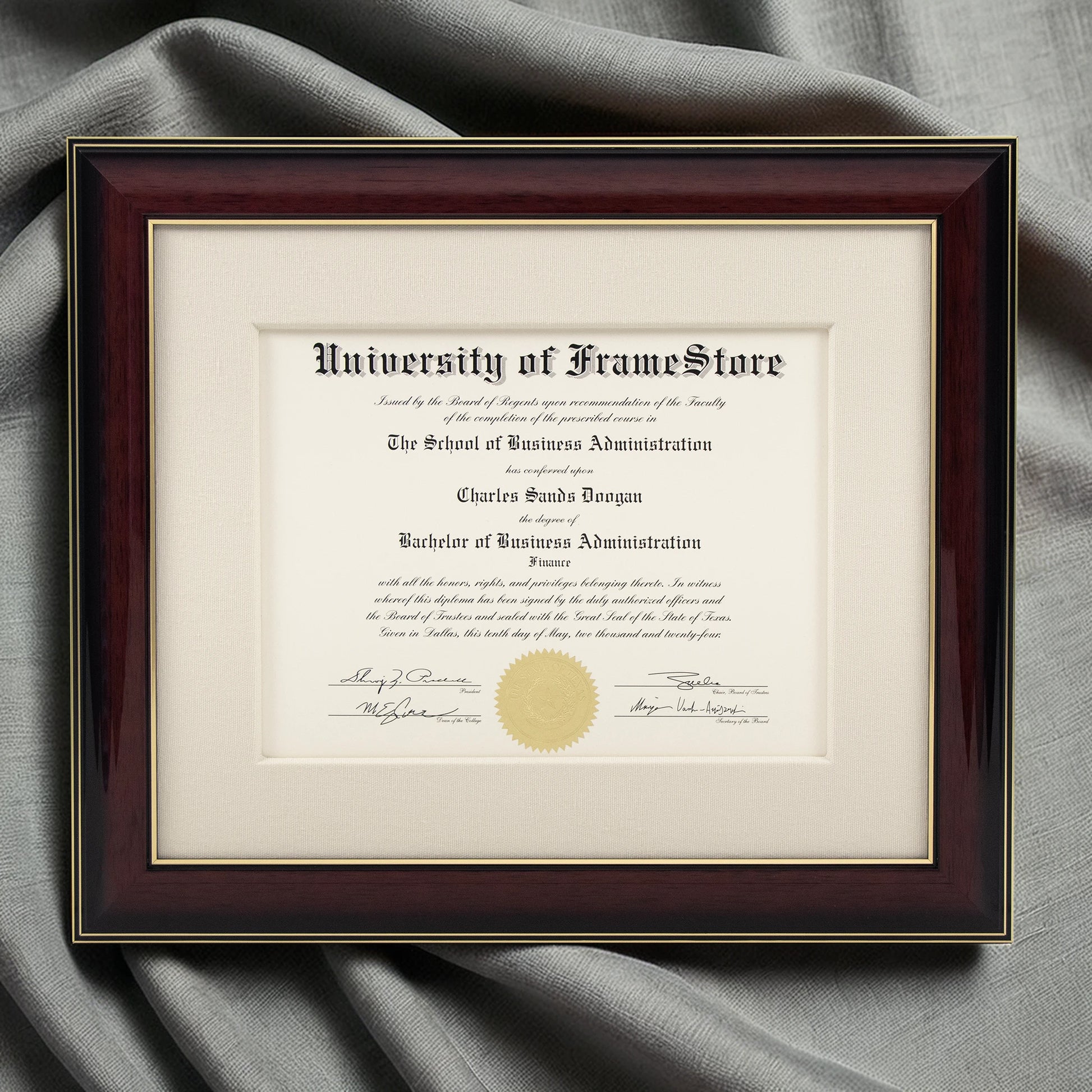 Glossy Mahogany Diploma Frame - Off-White Cotton Matboard - Luxurious Finish Against Soft Fabric