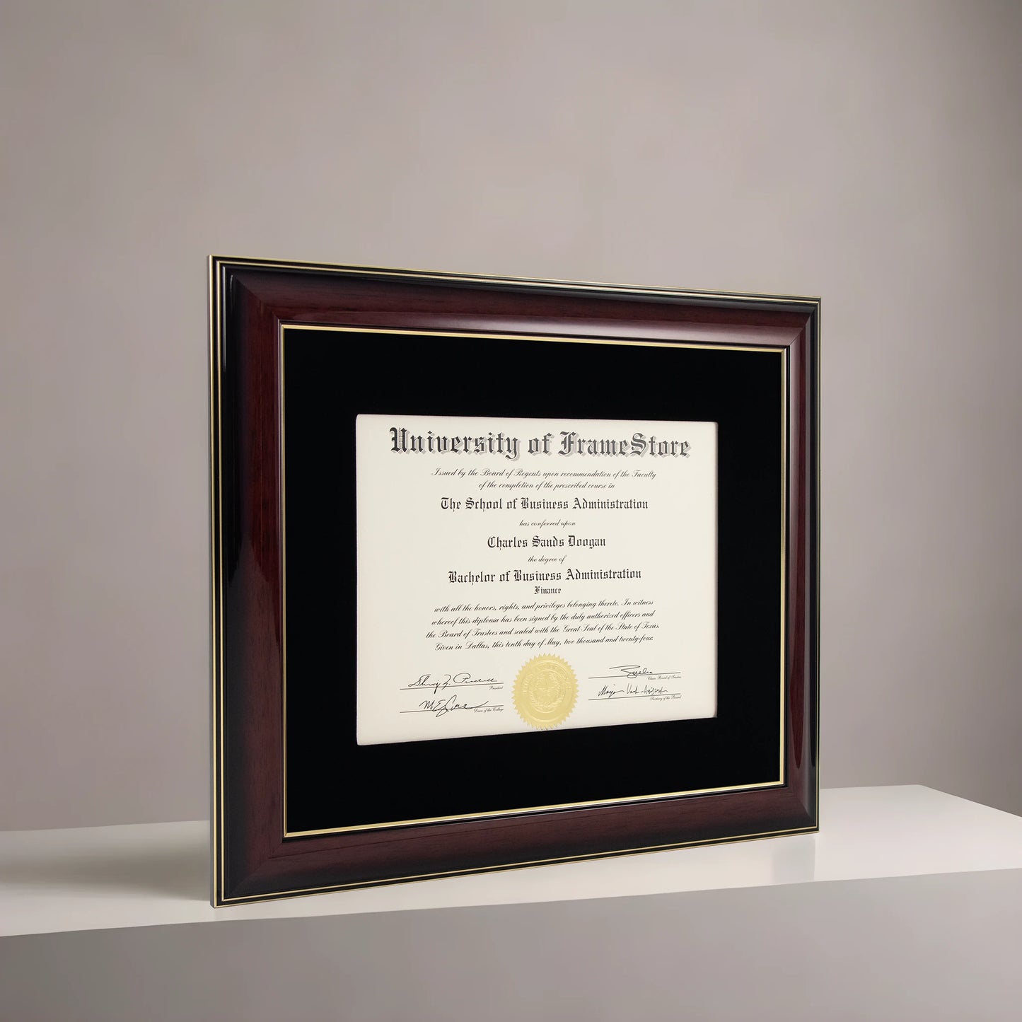 Glossy Mahogany Diploma Frame - Black Velvet Matboard - Angled Perspective for Depth