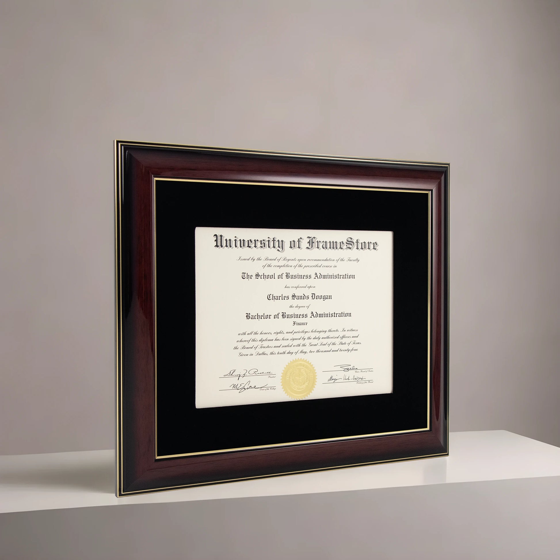 Glossy Mahogany Diploma Frame - Black Velvet Matboard - Angled Perspective for Depth
