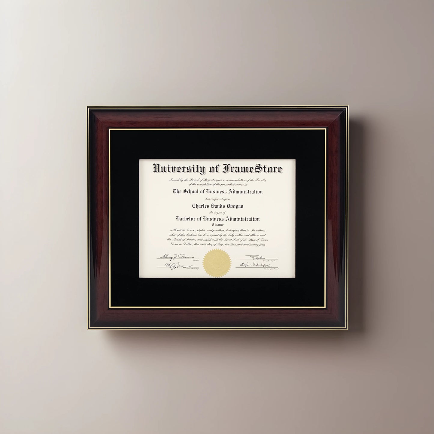 Glossy Mahogany Diploma Frame - Black Velvet Matboard - Straight-On Display