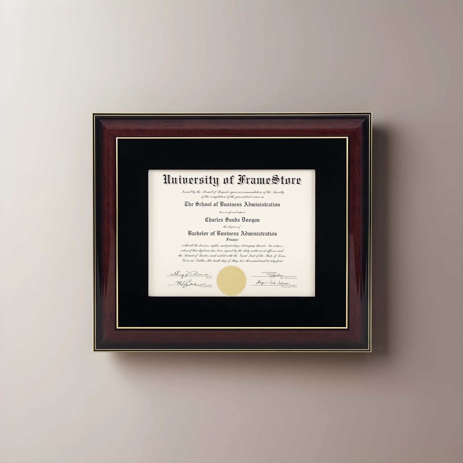 Glossy Mahogany Diploma Frame - Black Velvet Matboard - Straight-On Display