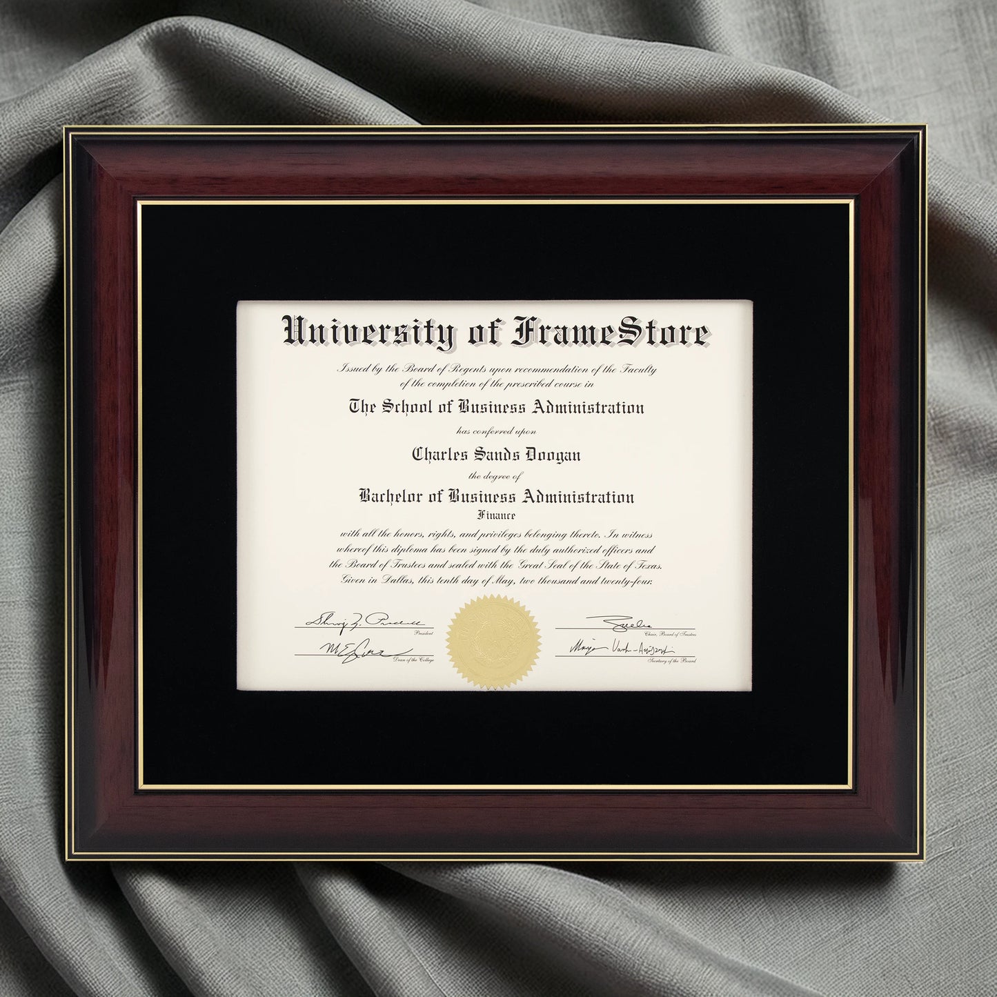 Glossy Mahogany Diploma Frame - Black Velvet Matboard - Luxurious Finish Against Soft Fabric