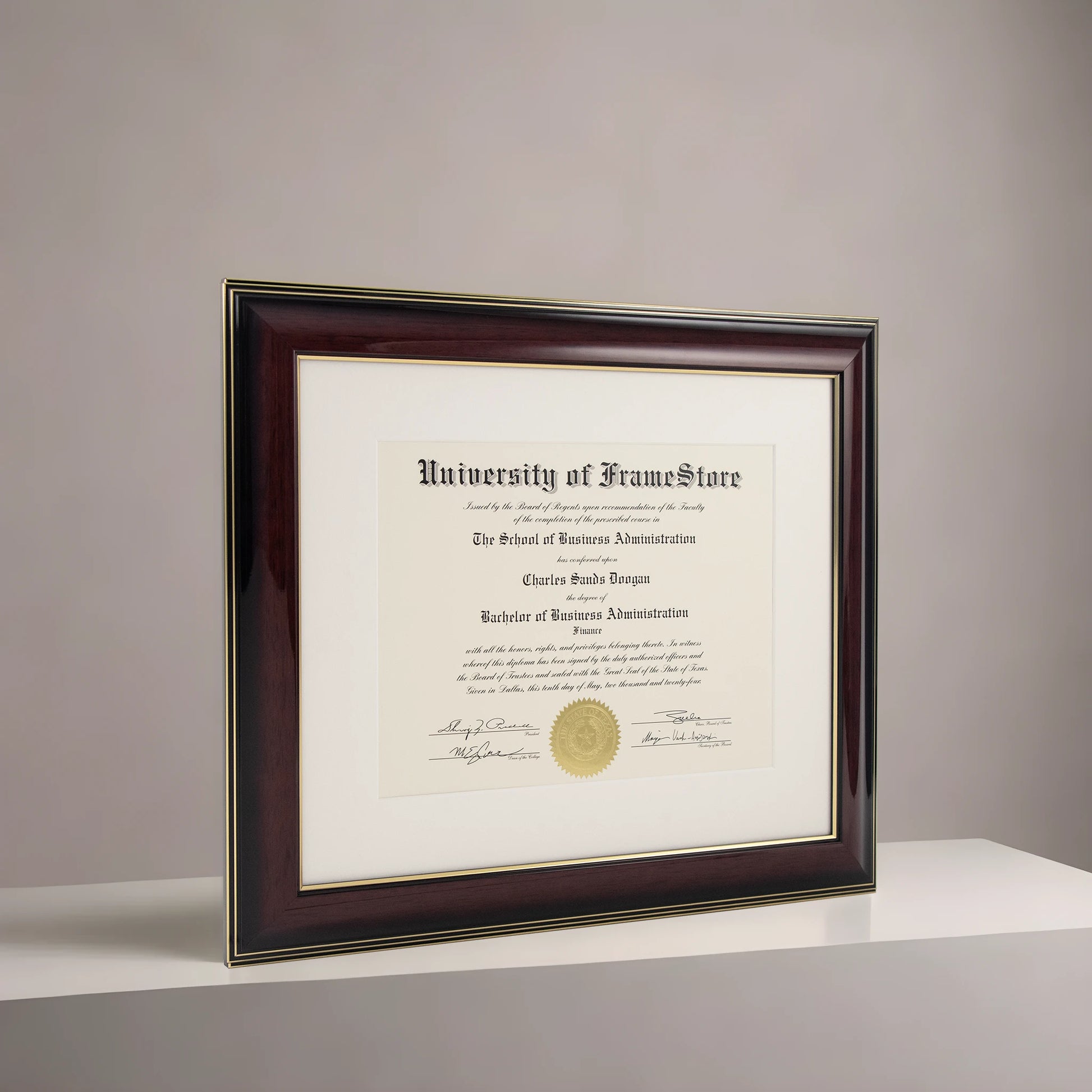 Glossy Mahogany Diploma Frame - Off-White Matboard - Angled Perspective for Depth