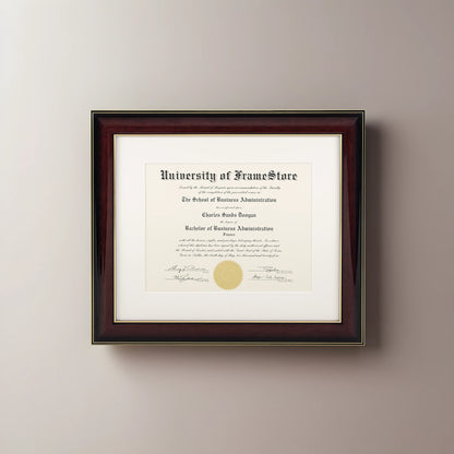 Glossy Mahogany Diploma Frame - Off-White Matboard - Straight-On Display