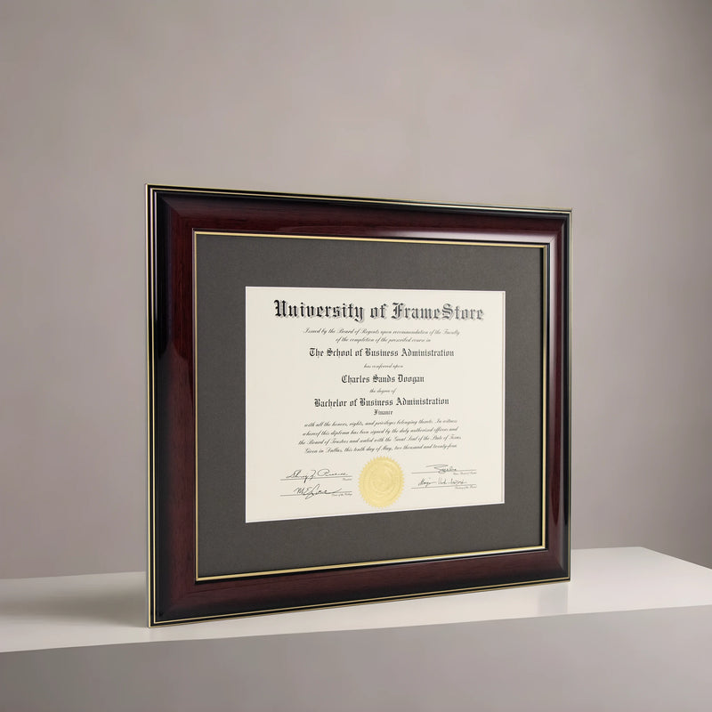 Glossy Mahogany Diploma Frame - Gray Matboard - Angled Perspective for Depth