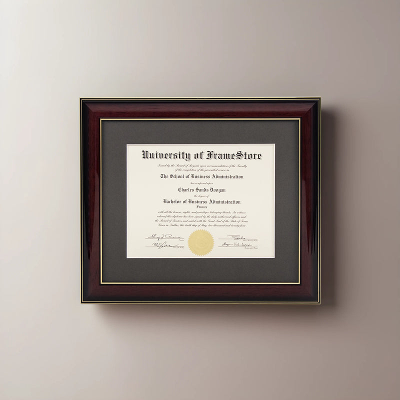 Glossy Mahogany Diploma Frame - Gray Matboard - Straight-On Display