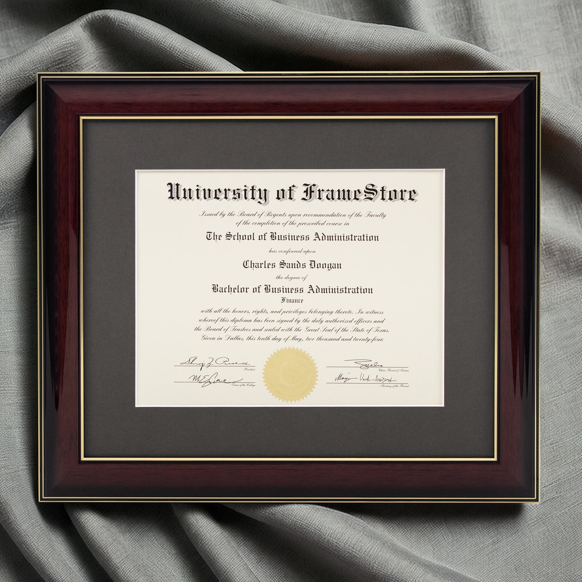 Glossy Mahogany Diploma Frame - Gray Matboard - Luxurious Finish Against Soft Fabric